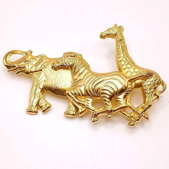Premier Designs Brooch Safari Animals Elephant Zebra Giraffe Gold Tone VTG Pin - Picture 1 of 10